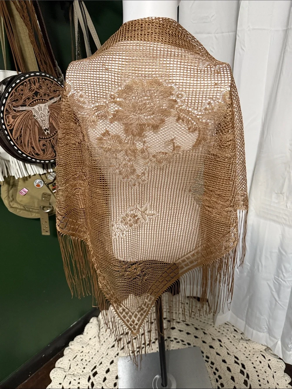 Gold Metallic Mesh Fringe Shawl Scarf